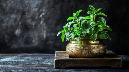 A vibrant green basil plant in a vintage pot rests on a rustic wooden tray, showcasing the beauty of nature against a dark textured background.の素材