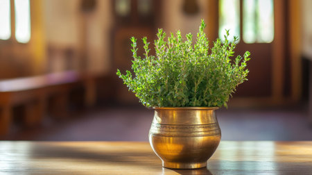A vibrant green thyme herb plant in a decorative golden pot sits on a wooden table, creating a serene atmosphere enriched by soft natural light. The blurred background enhances the plant's freshness and vitality, making it a perfect addition to any indoor space.の素材