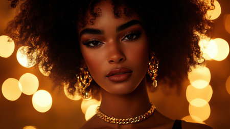 A striking portrait of a young woman with curly hair styled elegantly, showcasing vibrant makeup and stylish accessories, set against a warm bokeh background.の素材