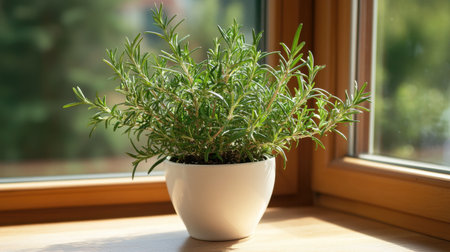 A vibrant rosemary plant sits gracefully in a white pot near a sunlit window. Its lush foliage offers a touch of nature to any indoor space, promoting tranquility and wellness.の素材