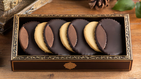 An elegant selection of delectable assorted cookies featuring a rich dark chocolate coating, beautifully presented in a decorative box, perfect for gifting.の素材