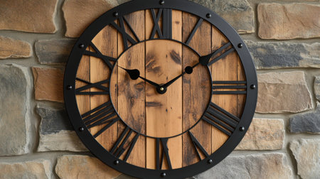 A beautiful vintage wooden wall clock set against a textured stone background, showcasing intricate craftsmanship and timeless design, ideal for home decor.の素材