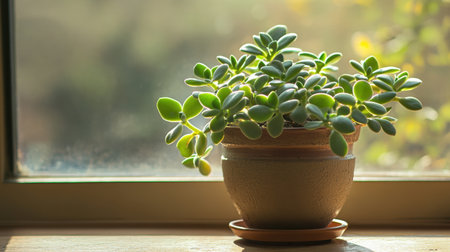 A serene arrangement featuring a green succulent plant in a pot, illuminated by natural light from a window, creating a tranquil atmosphere.の素材