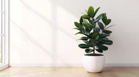 This serene image captures an elegant indoor plant with lush green leaves in a modern pot, placed near a bright window, enhancing the beauty of any living space.の素材