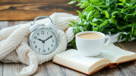 This image captures a serene morning scene featuring an alarm clock, a steaming coffee cup, and an open book nestled beside a green plant. Perfect for promoting relaxation and comfort.の素材
