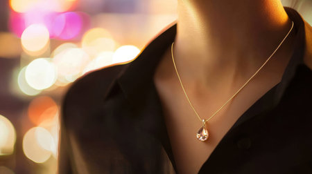 A close-up image of an elegant woman wearing a sparkling pendant necklace. The soft bokeh background creates a dreamy urban atmosphere, enhancing the beauty of the jewelry.の素材