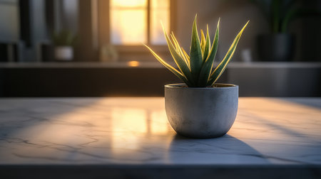 A beautiful indoor plant sits in a contemporary pot on a marble surface, bathed in warm sunset light, creating a serene and tranquil atmosphere.の素材