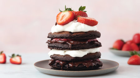 A decadent stack of chocolate pancakes layered with rich chocolate sauce and topped with fluffy whipped cream and fresh strawberries. Perfect for dessert.の素材