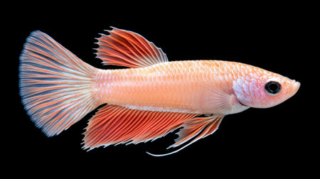 This image captures a stunning betta fish displaying vibrant colors and delicate fins in intricate detail. The black background highlights the beauty and grace of this exotic aquatic creature. Perfect for nature enthusiasts and pet lovers alike.の素材