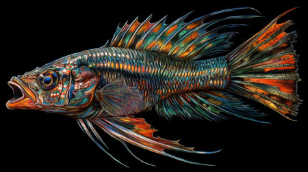 This stunning image showcases a colorful tropical fish with intricate scales and vibrant fins, captured against a striking black background. Ideal for nature and aquatic-themed projects.の素材