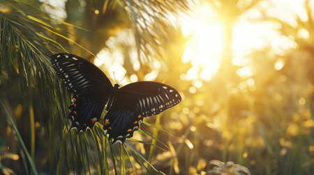 A stunning butterfly rests on lush green foliage, surrounded by warm sunlight. This serene scene captures the beauty of nature and tranquility.の素材