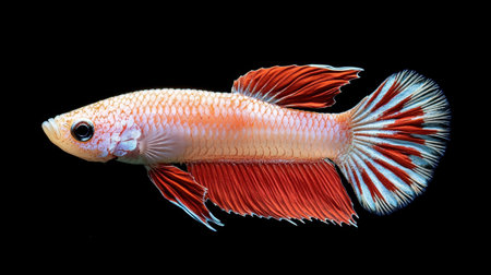 A stunning portrait of a vibrant betta fish showcasing bright red fins and intricate scale patterns, set against a dark background for visual emphasis.の素材