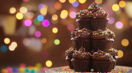 A stunning display of chocolate cupcakes topped with rich frosting and colorful sprinkles, perfect for parties and celebrations with a vibrant bokeh backdrop.の素材