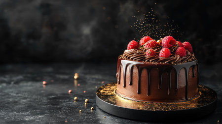 This luxurious chocolate cake topped with fresh raspberries and a glossy chocolate drizzle embodies indulgence. Perfect for celebrations and gatherings.の素材