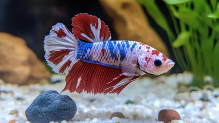 This image captures a stunning betta fish swimming gracefully through a clear aquarium, showcasing its vibrant colors and flowing fins among gravel and plants.の素材
