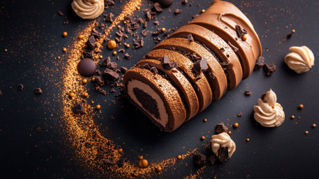 This stunning image showcases an artistic presentation of chocolate roll cake slices surrounded by rich chocolate shavings and creamy decorations, ideal for any sweet tooth.の素材