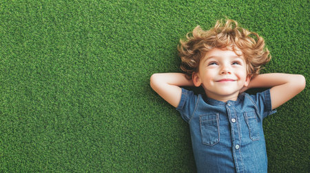 A joyful child with curly hair lies on green grass, smiling peacefully. This image captures the essence of relaxation and carefree childhood, enjoying nature.の素材