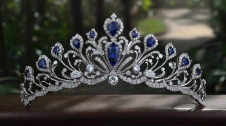 This exquisite silver tiara features intricate designs adorned with blue and clear gemstones, elegantly displayed in a soft, natural light setting.の素材