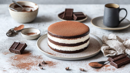 A beautifully layered chocolate cake with rich cream and cocoa dusting, perfect for dessert lovers. Set against a rustic table backdrop, this image captures the essence of indulgence.の素材