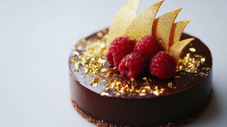 This stunning chocolate cake features fresh raspberries and golden decorations, perfect for any celebratory event or gourmet occasion. The luxurious dessert captures a blend of elegance and taste, ideal for visual appeal in food photography.の素材