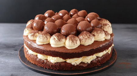 A visually stunning chocolate cake featuring layers of rich chocolate and creamy filling, exquisitely topped with cocoa dust and cream. Ideal for any celebration.の素材