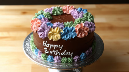 A vibrant birthday cake adorned with colorful frosting and decorative flowers sits elegantly on a silver cake stand, perfect for celebrations.の素材