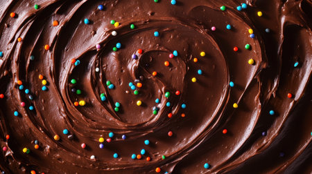 A close-up view of rich chocolate frosting adorned with colorful sprinkles creates a visually appealing dessert surface, perfect for sweet treats or celebrations.の素材