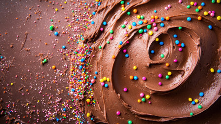 A mouthwatering closeup of velvety chocolate frosting swirled artistically, adorned with vibrant sprinkles, perfect for desserts and festive occasions.の素材
