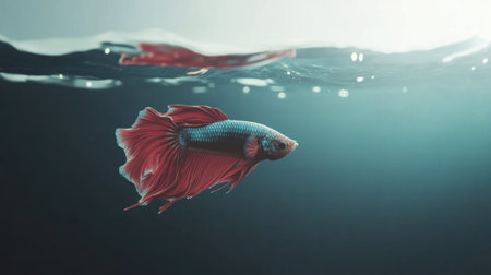 A stunning betta fish glides gracefully just below the waterの素材