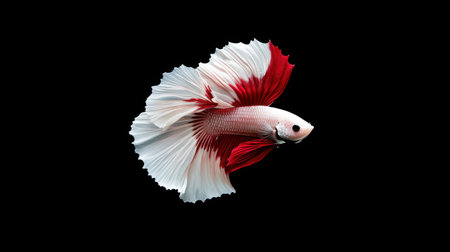 This stunning image showcases a betta fish with vibrant red and white fins swimming elegantly against a black backdrop, highlighting its unique beauty and colors.の素材
