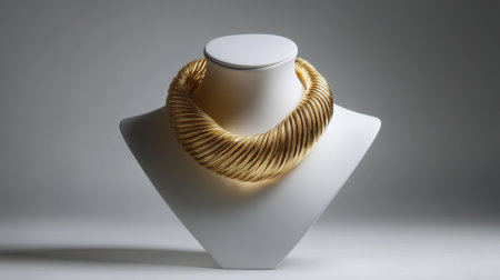This striking gold spiral necklace is elegantly displayed on a modern white bust, creating a captivating focal point with its sophisticated design and shine.の素材