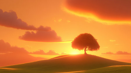 A breathtaking view of a solitary tree on a gentle hill beneath a vibrant sunset, showcasing hues of orange and purple in the sky, creating a serene atmosphere.の素材