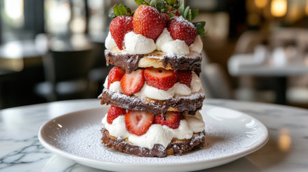 A beautiful layered dessert features fresh strawberries and whipped cream, elegantly presented on a marble table, perfect for any occasion.の素材