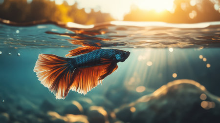 A stunning view of a betta fish swimming gracefully underwater, showcasing its vibrant colors and flowing fins, illuminated by soft sunlight in a serene natural environment.の素材