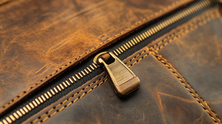 Discover the intricate details of a stylish brown leather bag showcasing a prominent zipper and rich texture, perfect for fashion and accessory projects.の素材