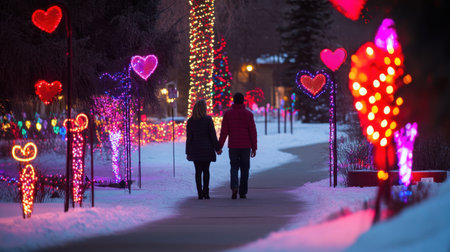 A couple walks hand in hand along a snowy pathway, surrounded by vibrant heart-shaped lights in a festive winter park, showcasing love and magic.の素材