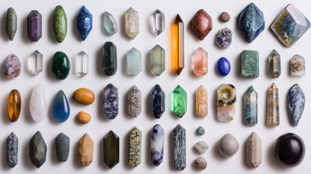 Diverse assortment of polished crystals and minerals displayed on a clean white background. Ideal for art, wellness, or decorative projects, highlighting unique shapes and colors.の素材