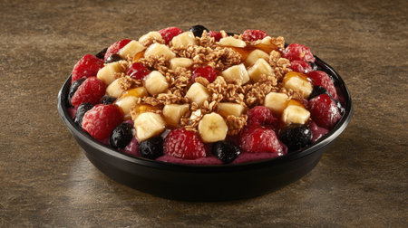 A vibrant smoothie bowl filled with a medley of fresh berries and banana slices, topped with granola and drizzled with syrup, perfect for healthy eating.の素材