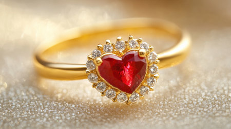 This stunning heart-shaped ring features a vibrant red gemstone at its center, beautifully framed by sparkling diamonds, making it perfect for any special occasion.の素材