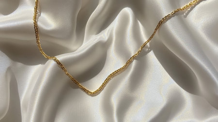This image showcases a delicate gold chain necklace elegantly positioned on soft satin fabric, highlighting a luxurious and aesthetic appeal perfect for fashion enthusiasts.の素材