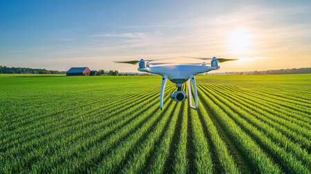 This image captures a drone soaring over a vibrant green field at sunset, with a farmhouse in the distance, showcasing modern technology in agriculture.の素材