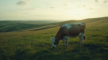 A serene scene featuring a cow grazing peacefully in a lush green field at sunset, with rolling hills and a beautiful sky creating a calming atmosphere.の素材