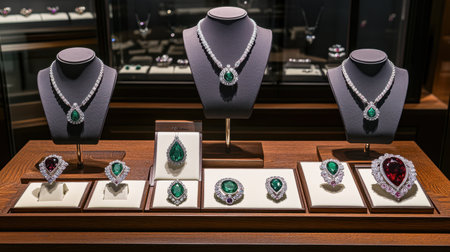 This stunning photograph showcases a luxurious collection of emerald and diamond jewelry artfully displayed in a sophisticated jewelry showcase, highlighting elegance and craftsmanship.の素材