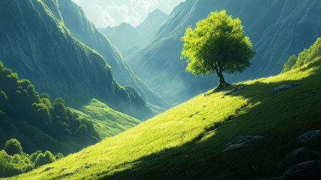 A breathtaking view of a single tree standing proudly in a lush green valley, framed by towering mountain peaks and illuminated by gentle sunlight, creating a serene atmosphere.の素材
