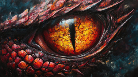 This striking close-up image showcases a dragon's eye with a vivid orange iris and textured scales set against a dark background, evoking a sense of fantasy and wonder.の素材