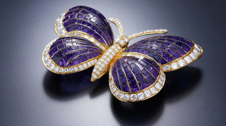 Stunning butterfly brooch crafted with vibrant amethyst and sparkling diamonds, ideal for luxury collections or special occasions, showcasing elegance and artistry.の素材