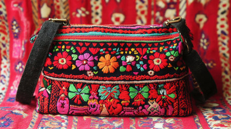 This image features a vibrant handcrafted bag adorned with intricate embroidery, showcasing a blend of colors and traditional aesthetics against a striking textile backdrop.の素材