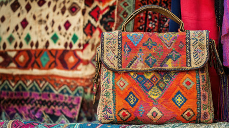 This image showcases a vibrant handcrafted bag featuring intricate patterns, set against a backdrop of colorful textiles, highlighting artisan craftsmanship.の素材