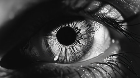A striking close-up of a human eye in black and white, showcasing intricate details of the iris and pupil, evoking deep emotions and captivating clarity.の素材