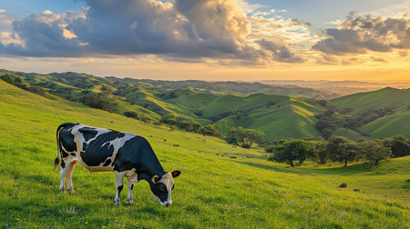 A picturesque scene featuring a cow grazing on vibrant green grass in a tranquil landscape, with rolling hills and a sunset sky creating a serene atmosphere.の素材